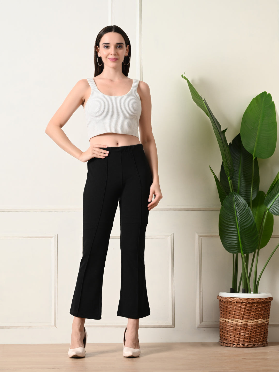 OWL MINK Women's Slim Fit Flared Casual Black Trousers