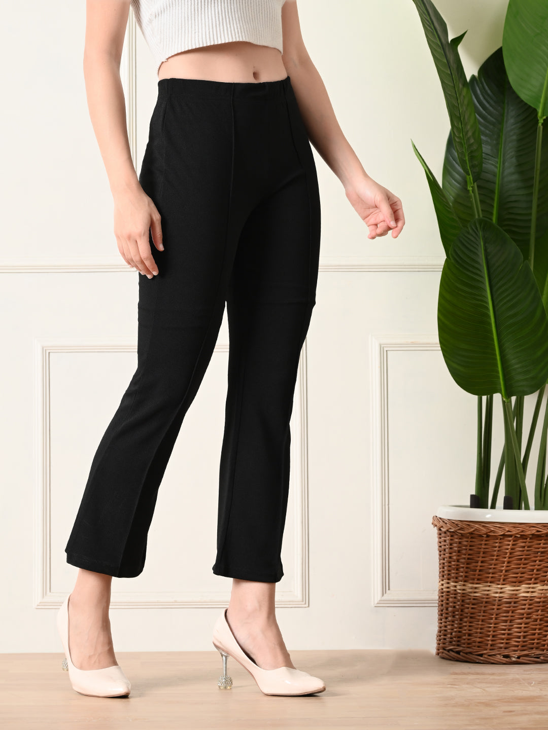 OWL MINK Women's Slim Fit Flared Casual Black Trousers