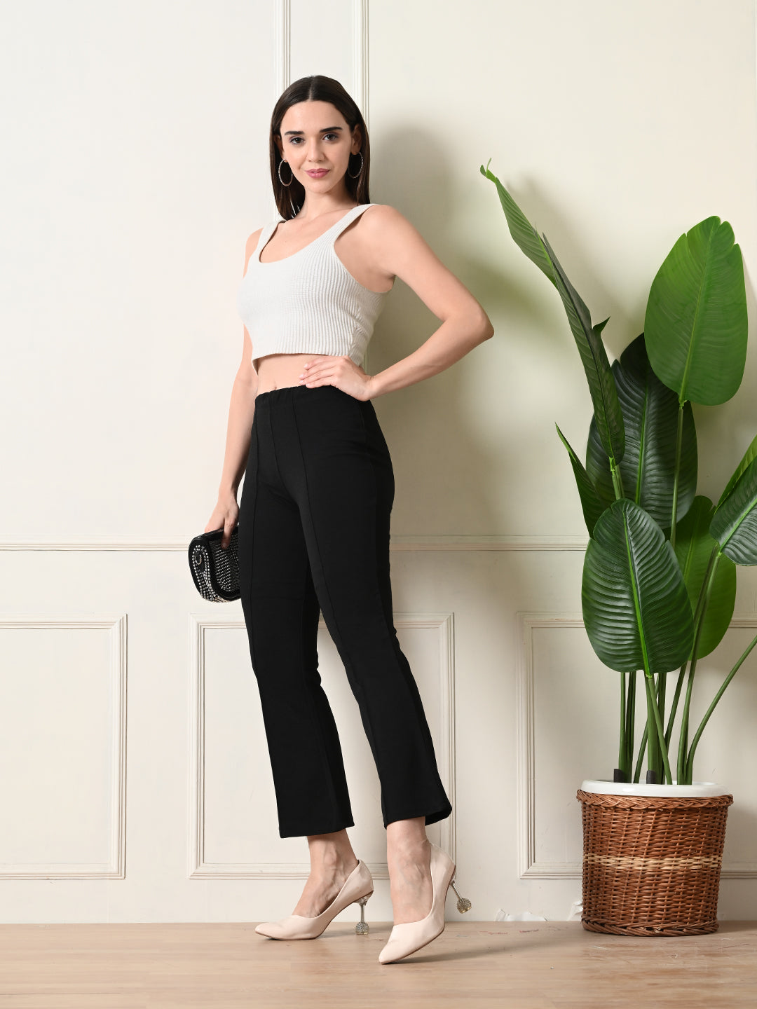 OWL MINK Women's Slim Fit Flared Casual Black Trousers