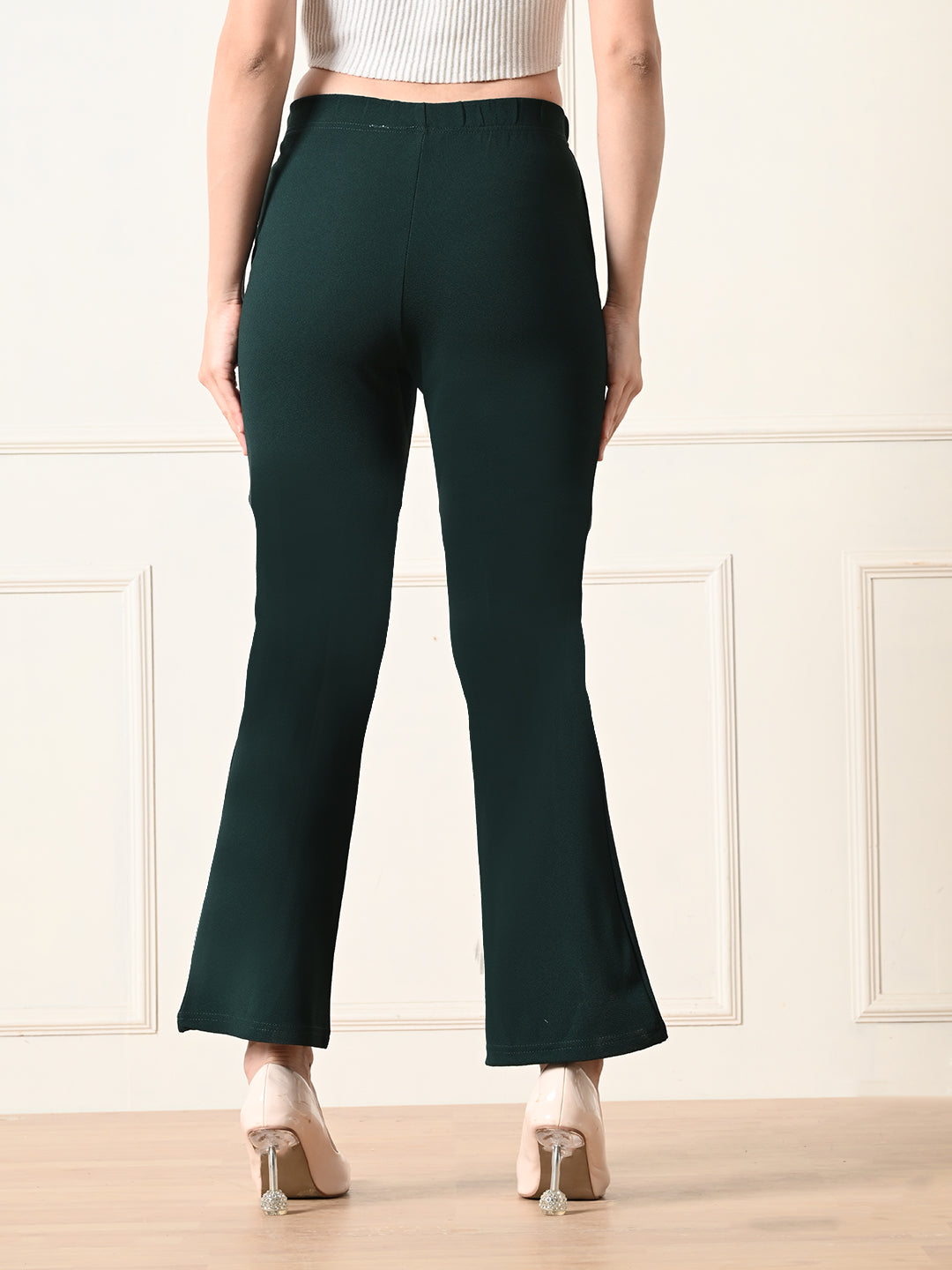 OWL MINK Women's Slim Fit Flared Casual Bottle Green Trousers