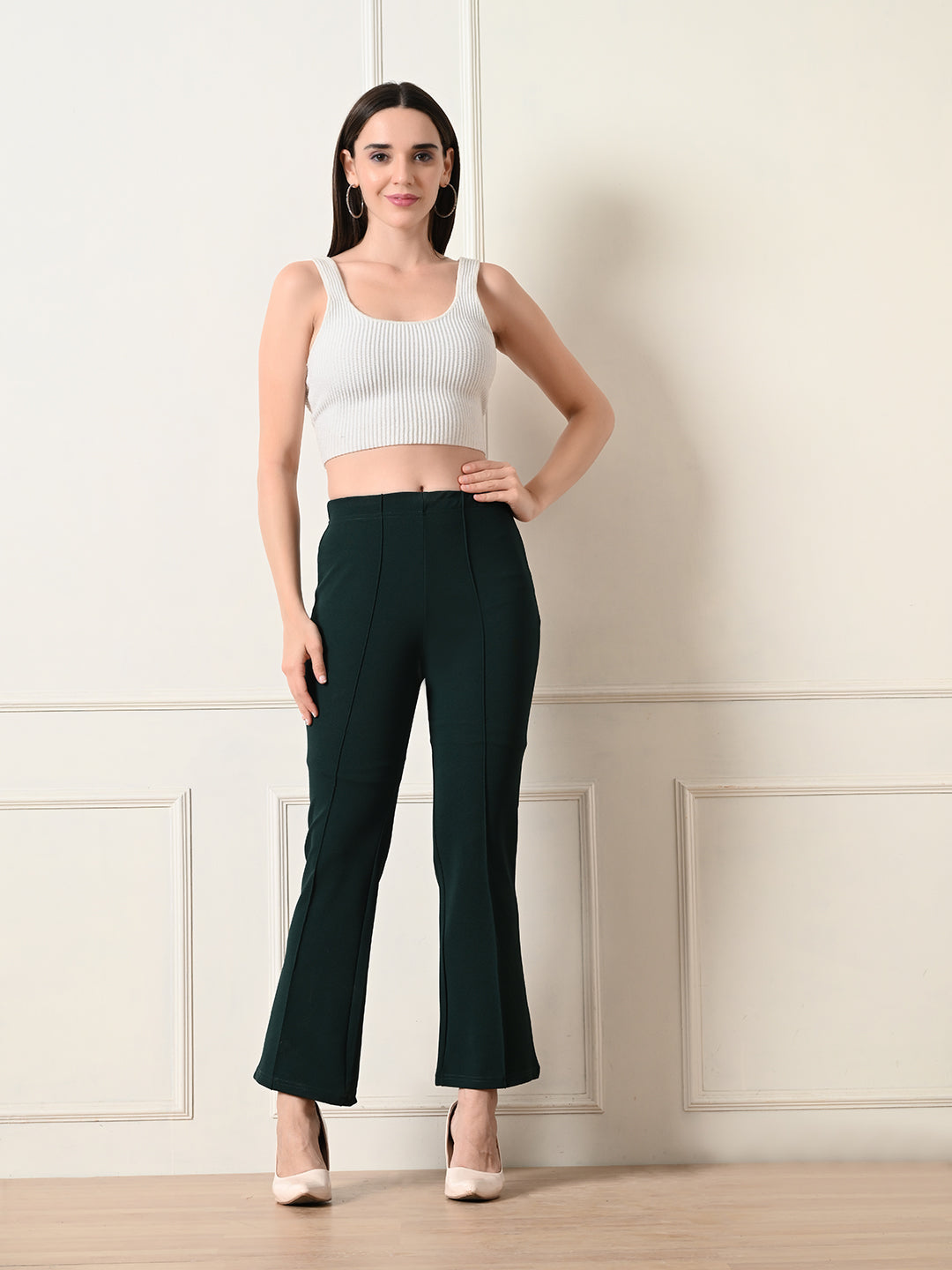 OWL MINK Women's Slim Fit Flared Casual Bottle Green Trousers