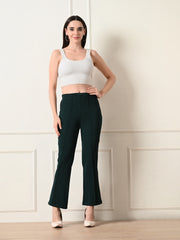 OWL MINK Women's Slim Fit Flared Casual Bottle Green Trousers
