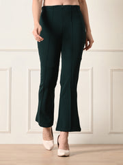OWL MINK Women's Slim Fit Flared Casual Bottle Green Trousers