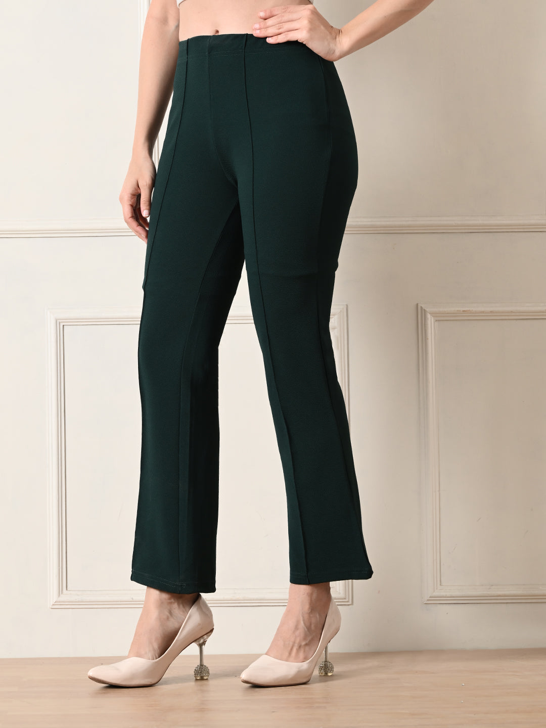 OWL MINK Women's Slim Fit Flared Casual Bottle Green Trousers