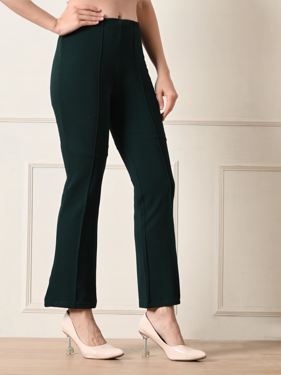 OWL MINK Women's Slim Fit Flared Casual Bottle Green Trousers