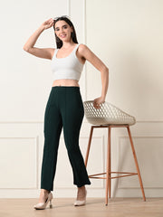 OWL MINK Women's Slim Fit Flared Casual Bottle Green Trousers