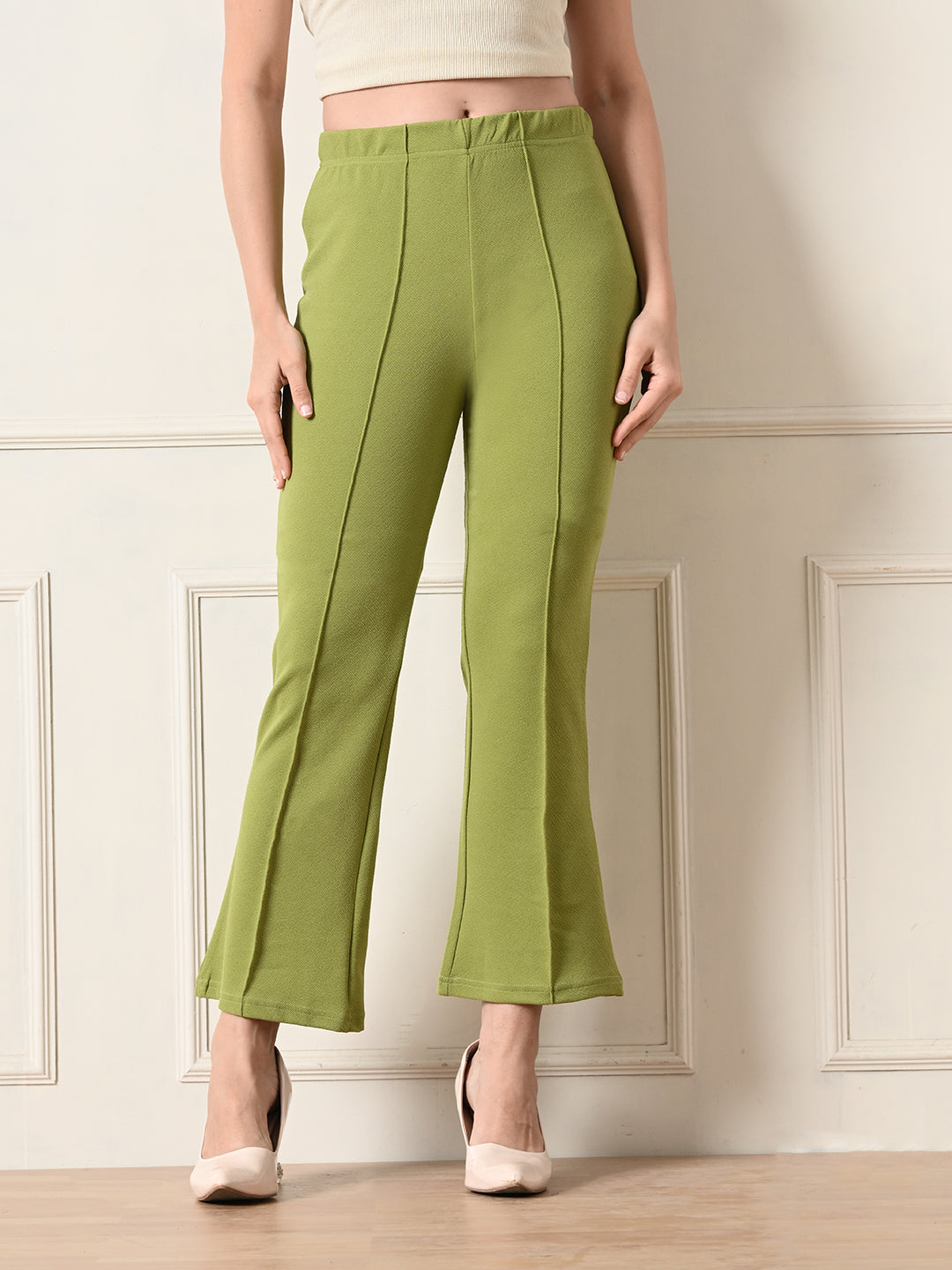 OWL MINK Women's Slim Fit Flared Casual Pista Green Trousers