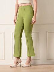 OWL MINK Women's Slim Fit Flared Casual Pista Green Trousers