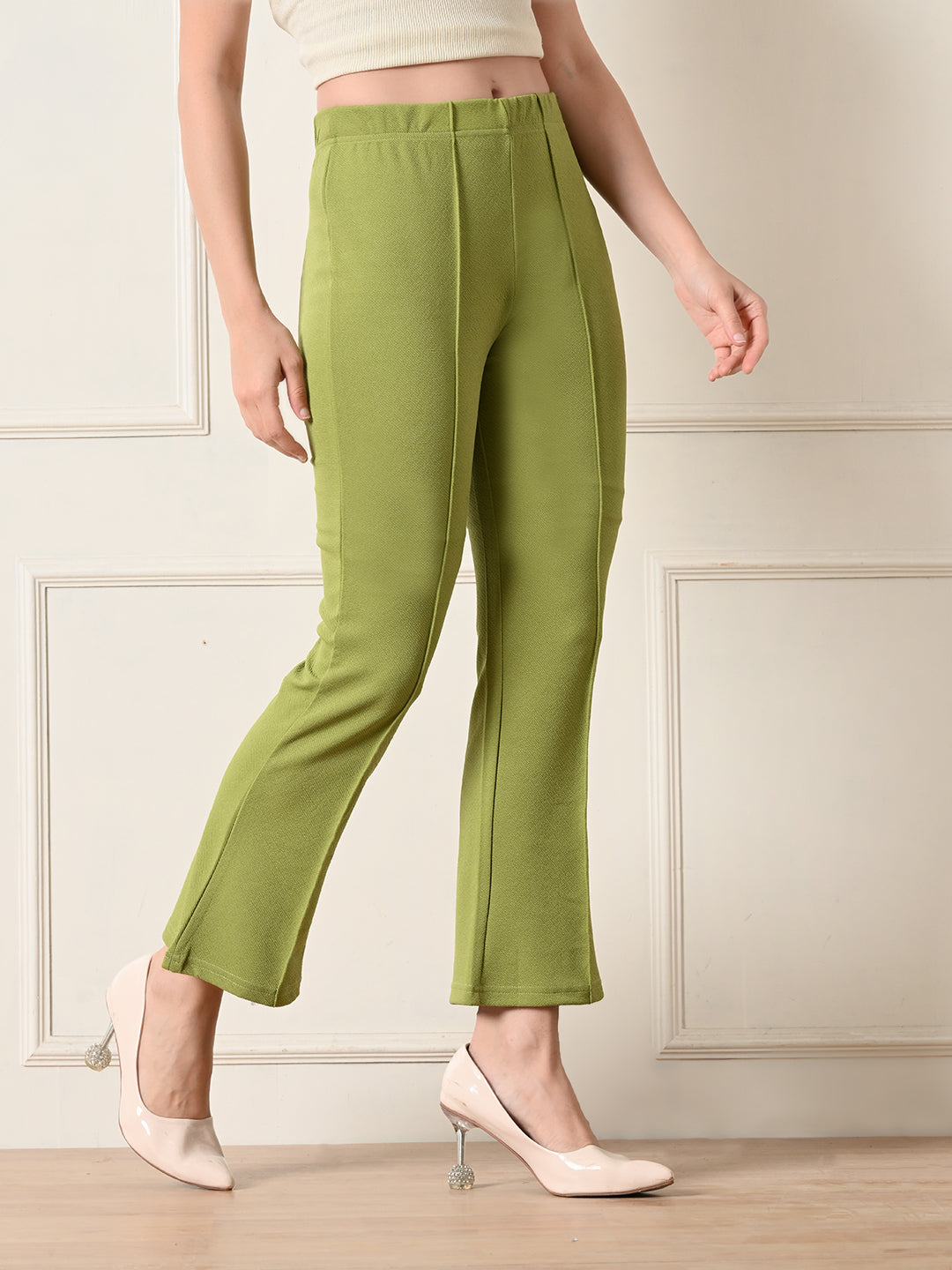 OWL MINK Women's Slim Fit Flared Casual Pista Green Trousers