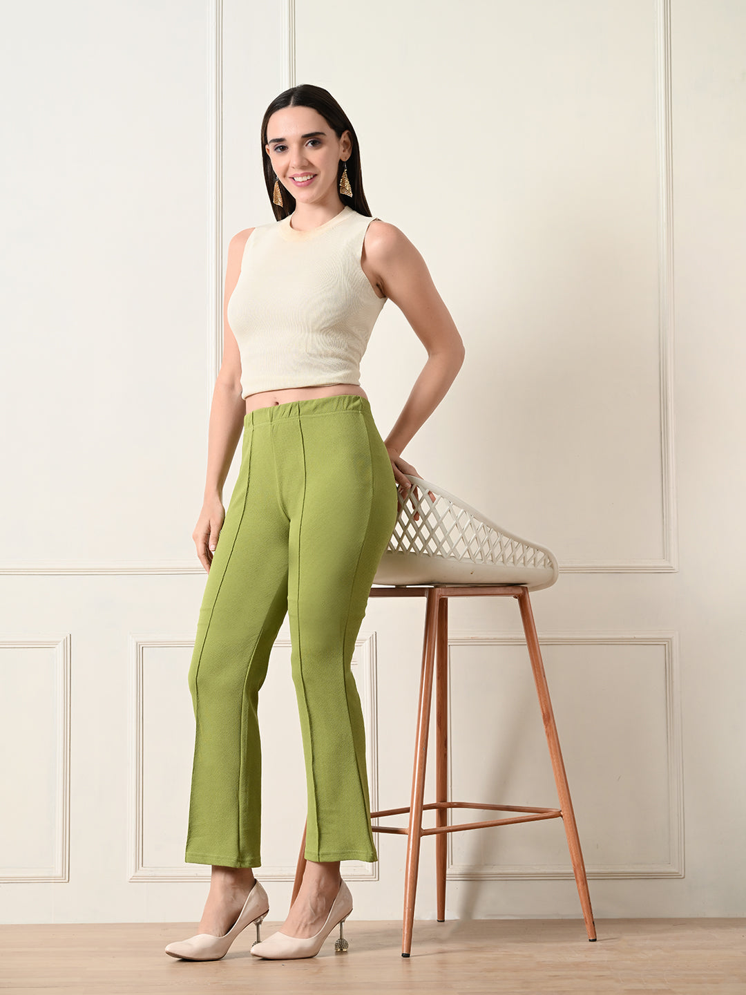 OWL MINK Women's Slim Fit Flared Casual Pista Green Trousers