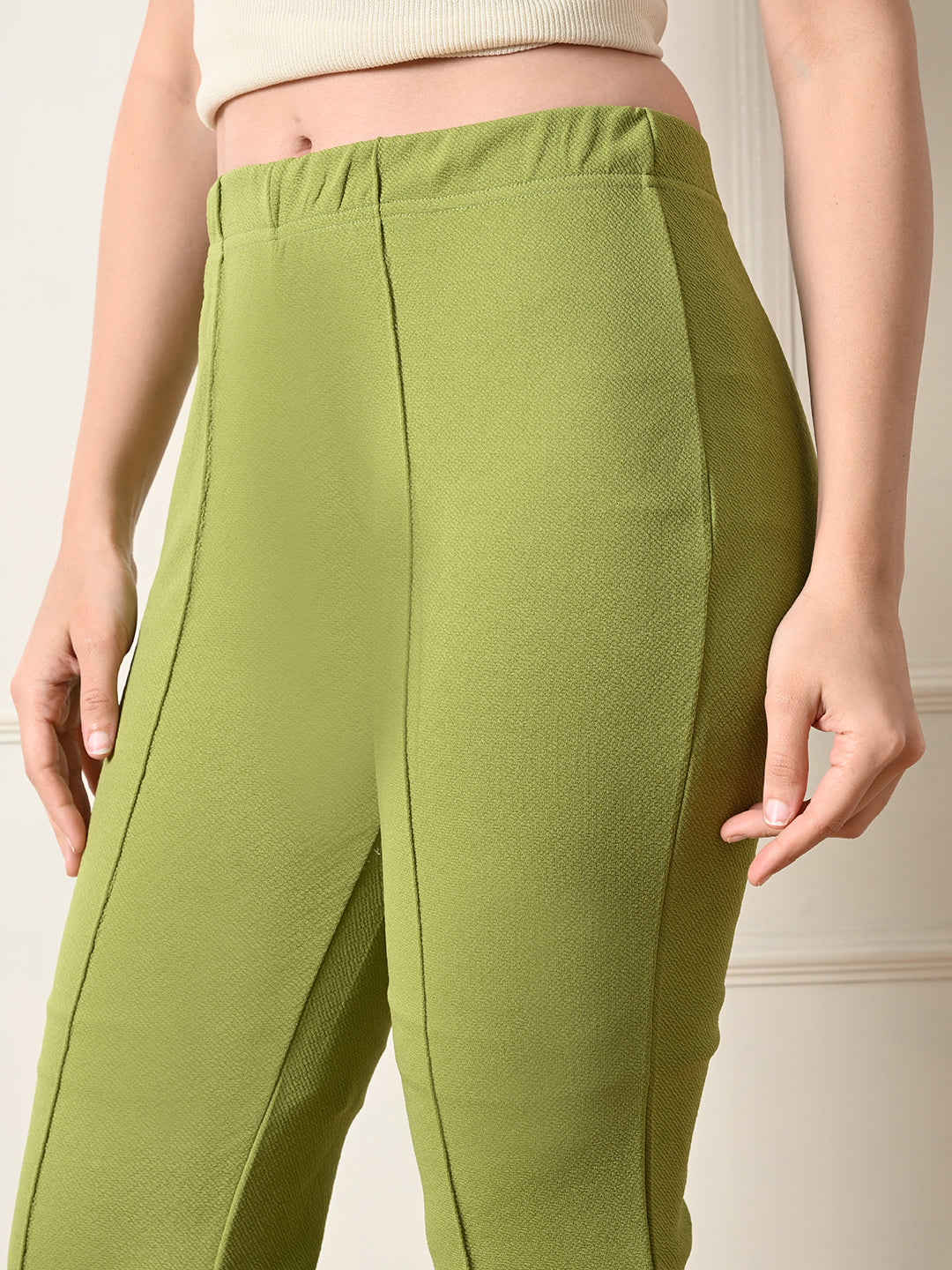 OWL MINK Women's Slim Fit Flared Casual Pista Green Trousers