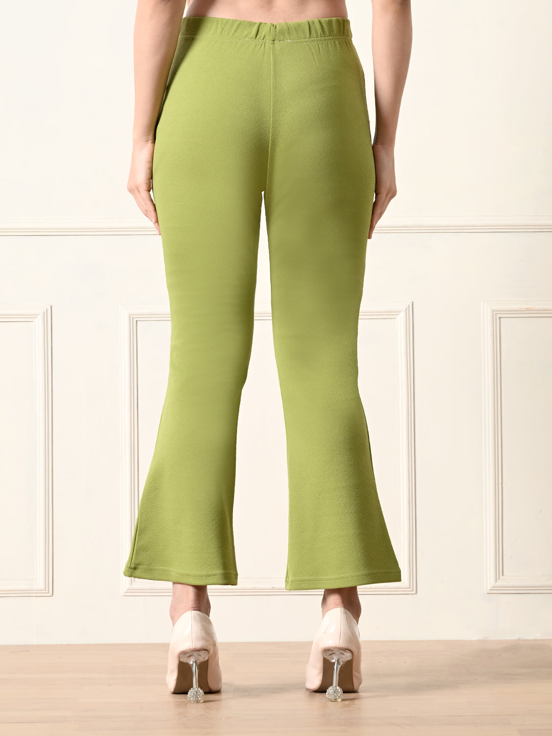 OWL MINK Women's Slim Fit Flared Casual Pista Green Trousers