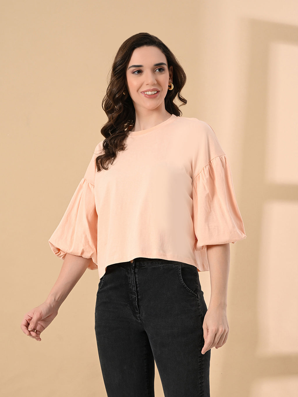 Women’s 100% Cotton Oversized Crop Top – Balloon Sleeves & Trendy Round Neck