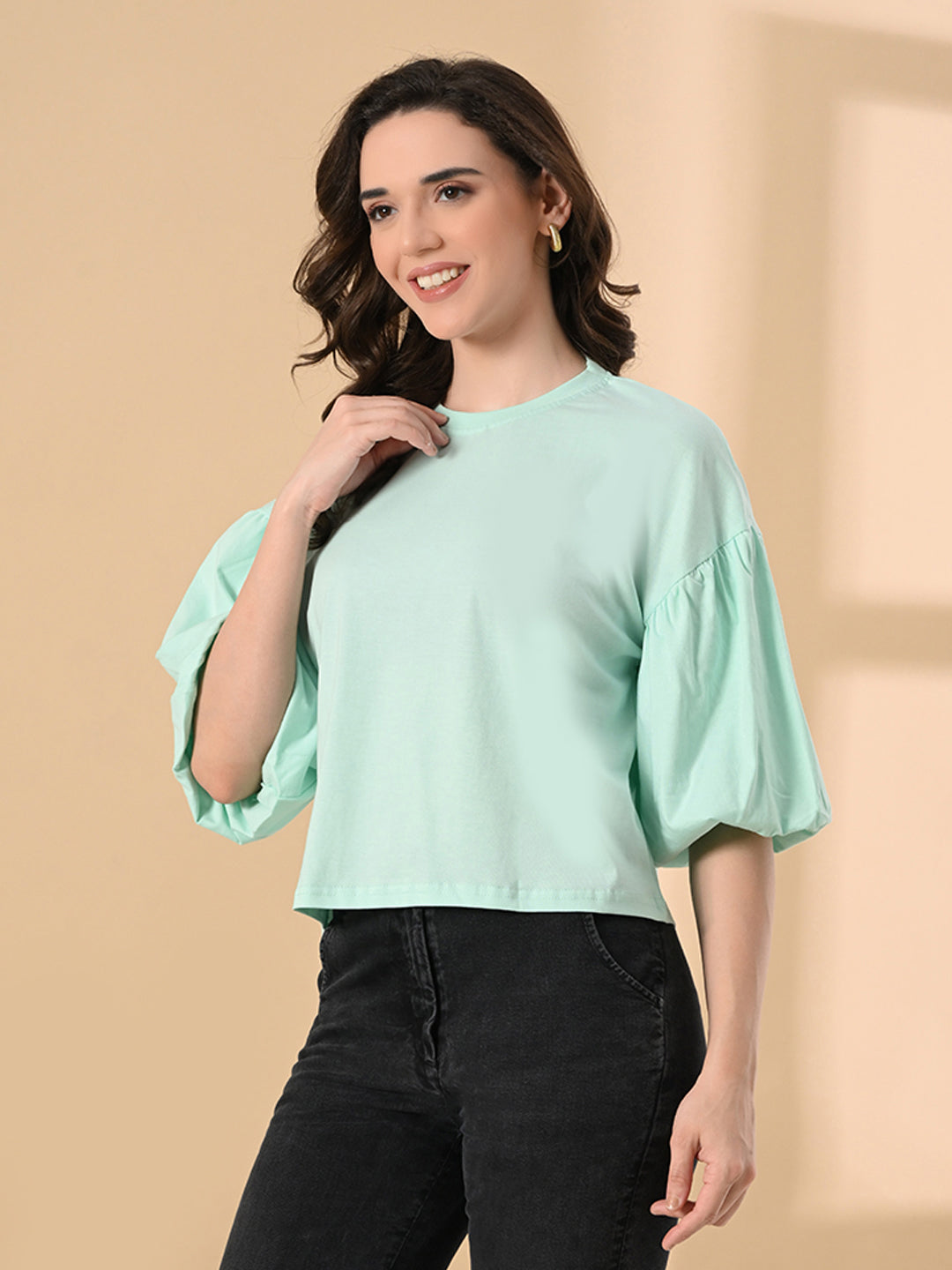 Oversized Balloon Sleeve Crop Top for Women