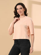 Women's Oversized Drop Shoulder Crop T-Shirt – 100% Cotton, Round Neck Half Sleeves Solid Top for Casual