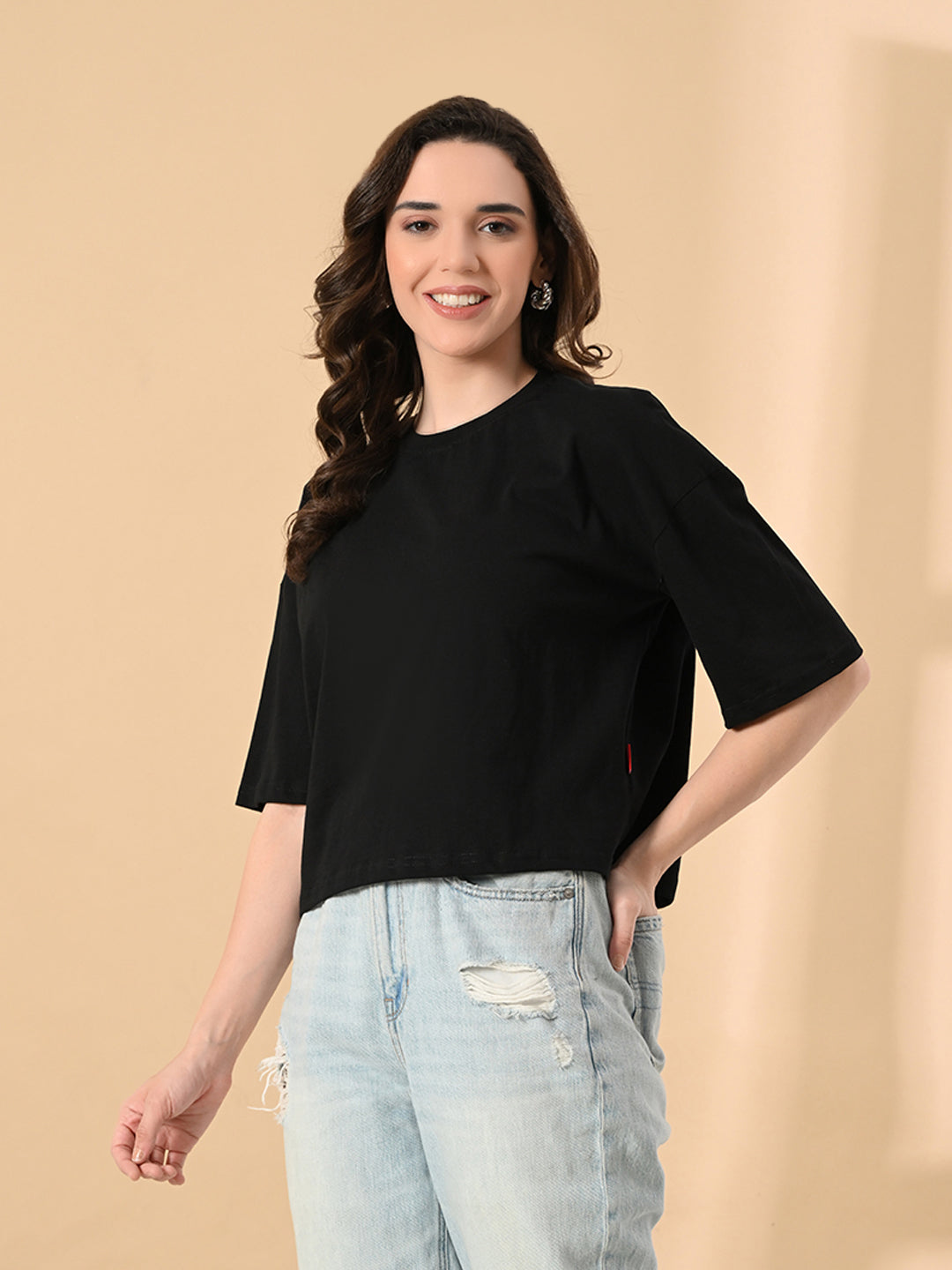Women's Oversized Drop Shoulder Crop T-Shirt – 100% Cotton, Round Neck Half Sleeves