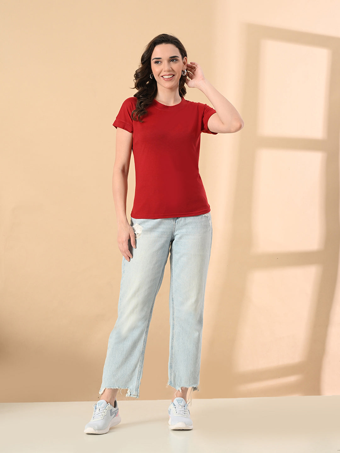 Stylish Up & Down Women’s High-Low Hem T-Shirt – Premium Cotton Lycra, Seamless Sleeves, Round Neck Casual & Active Wear Girls T-Shits