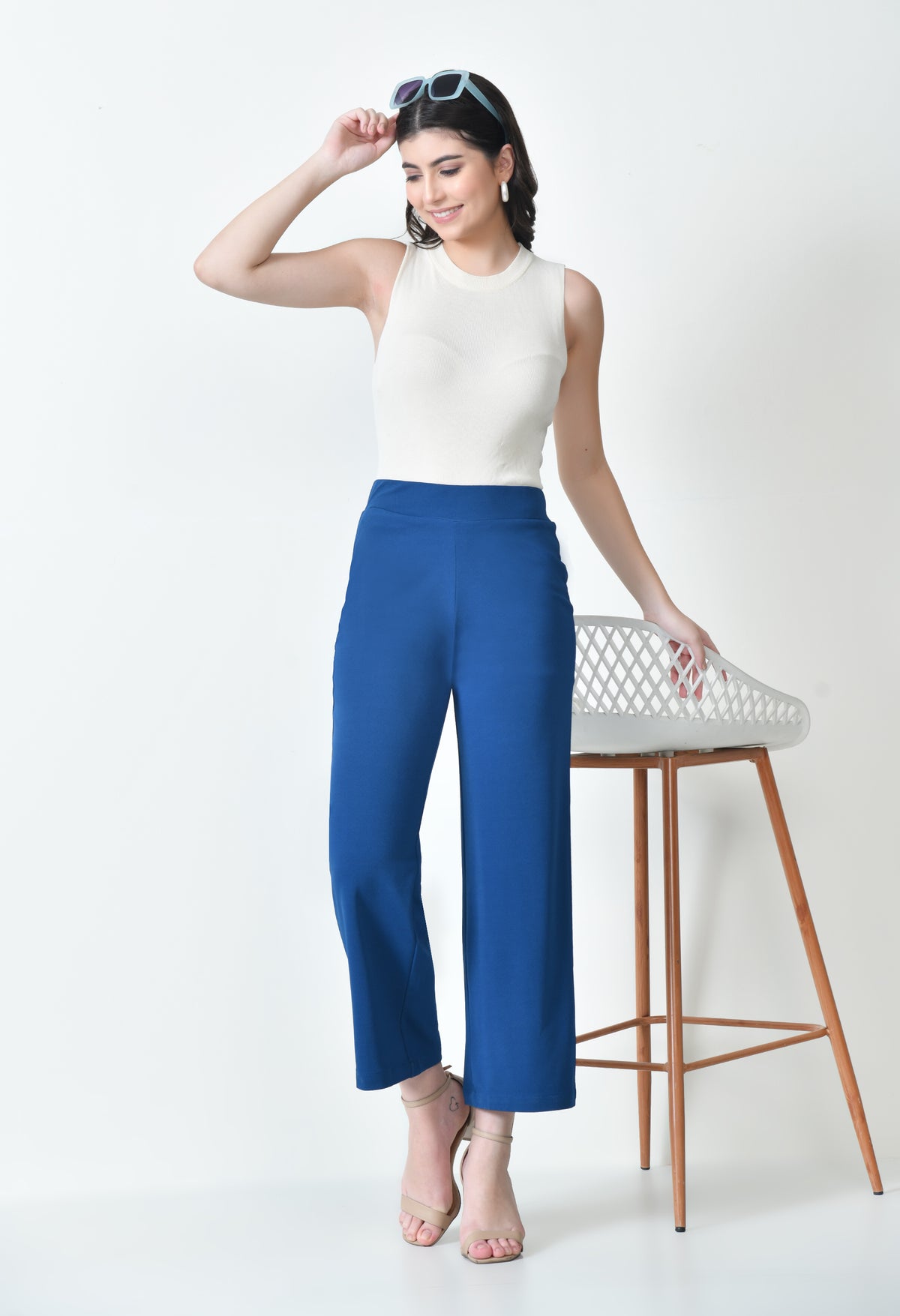 OWL MINK Women's High Waist Straight Fit Sky Blue Trousers