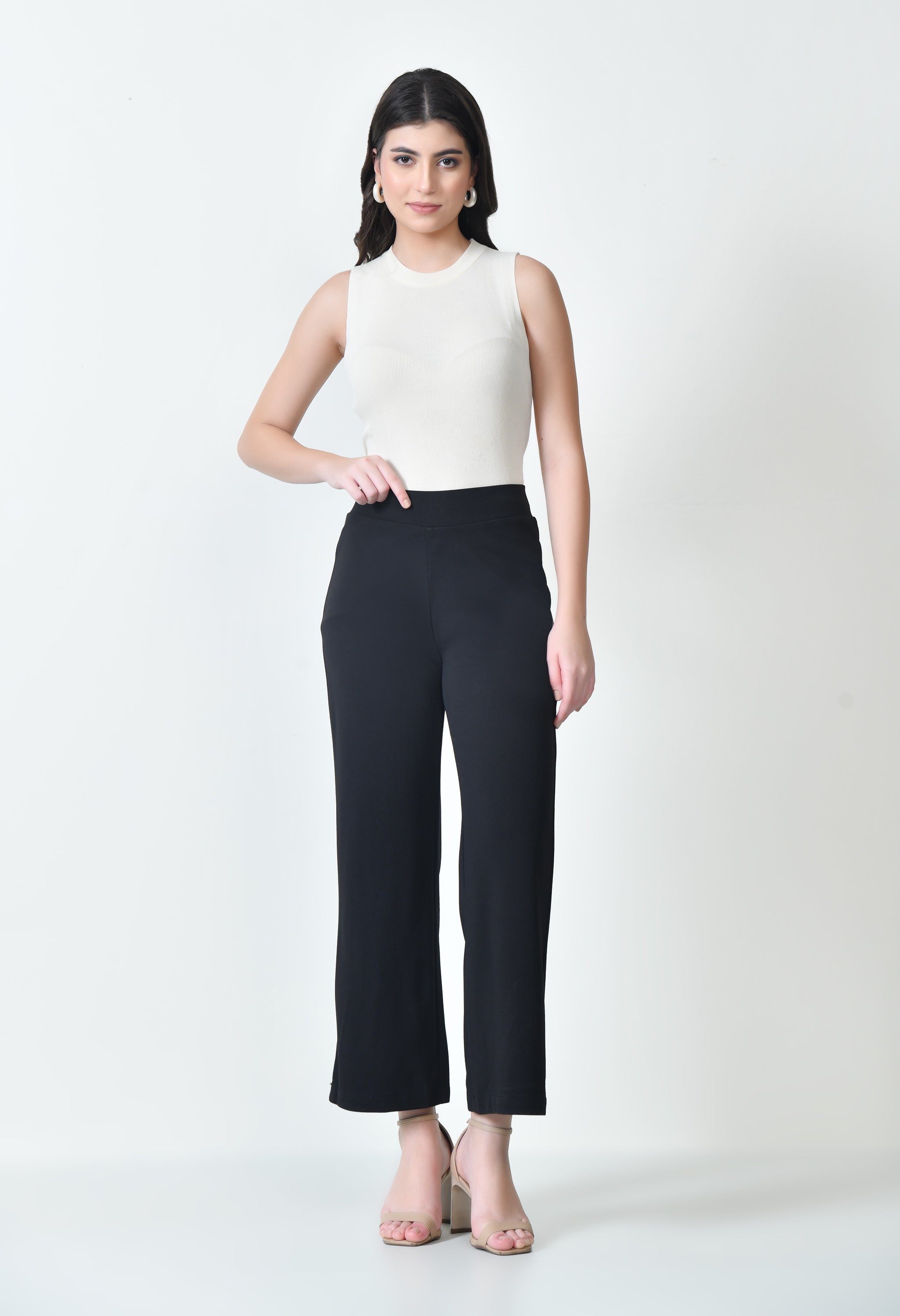 OWL MINK Women's High Waist Straight Fit Black Trousers