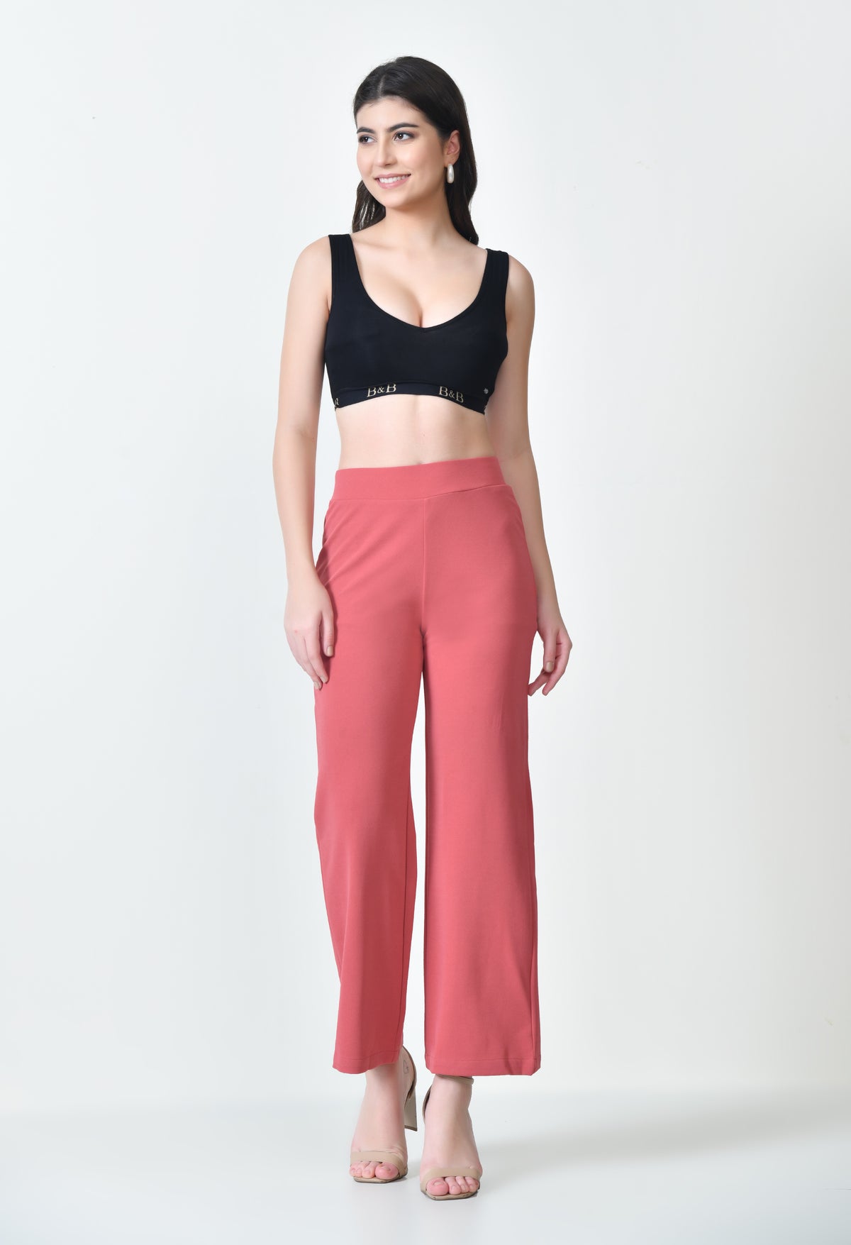 OWL MINK Women's High Waist Straight Fit Peach Trousers