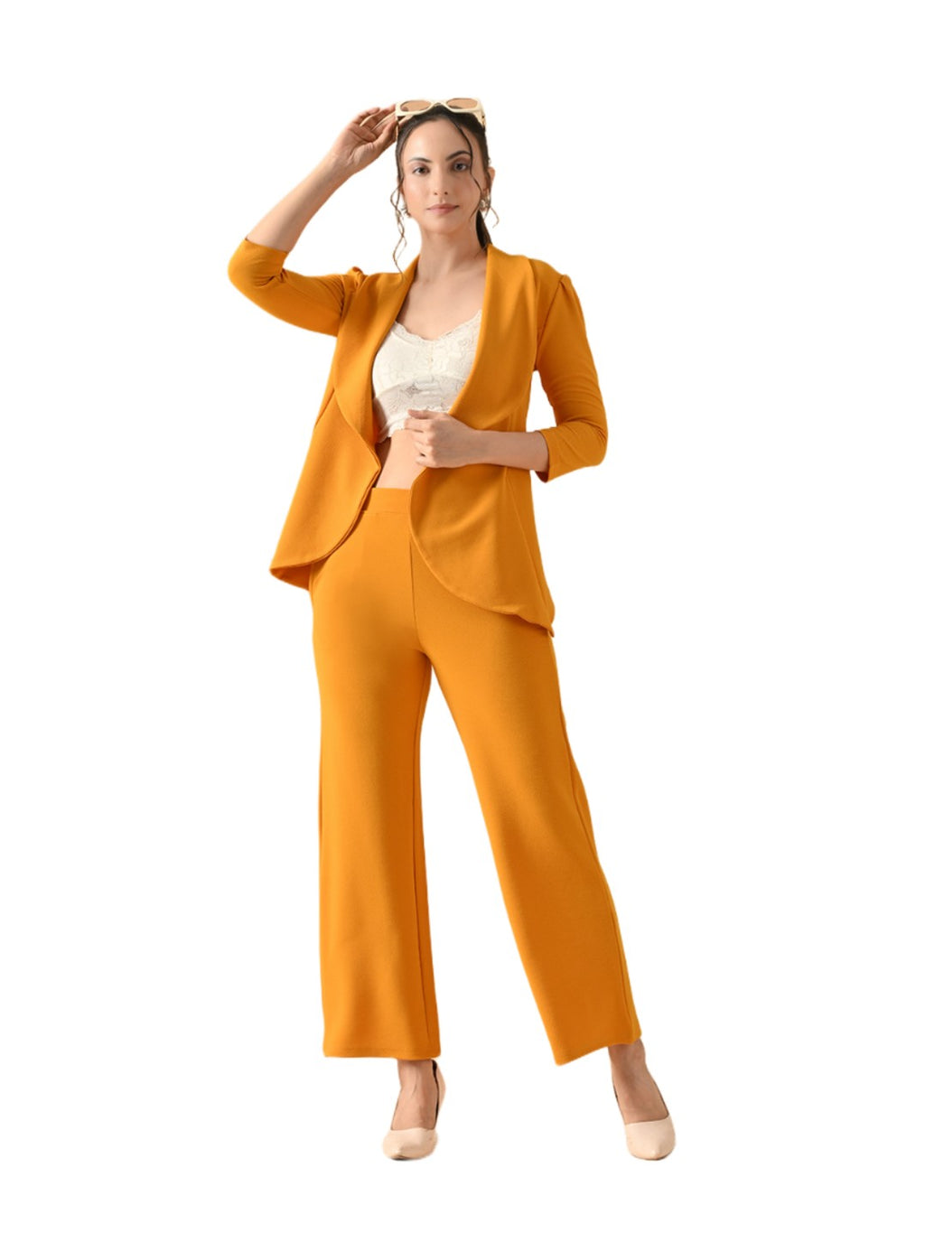 Women's Solid Relaxed Fit 3/4 Sleeve Co-ord Blazer and Trouser Set Mustred