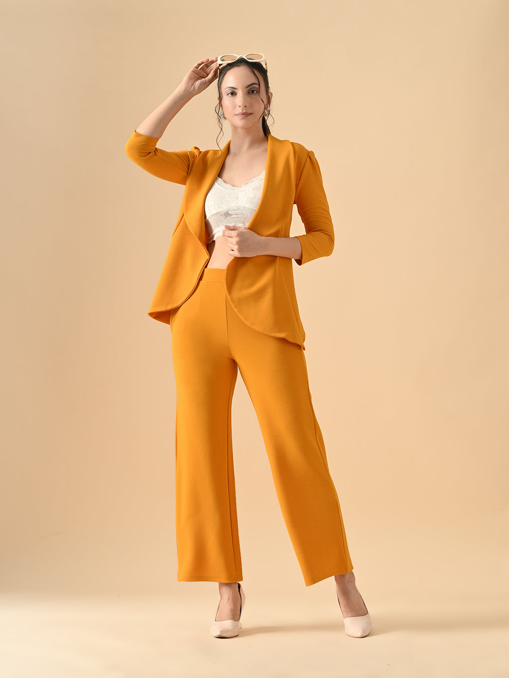 Women's Solid Relaxed Fit 3/4 Sleeve Co-ord Blazer and Trouser Set Mustred