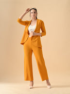 Women's Solid Relaxed Fit 3/4 Sleeve Co-ord Blazer and Trouser Set Mustred