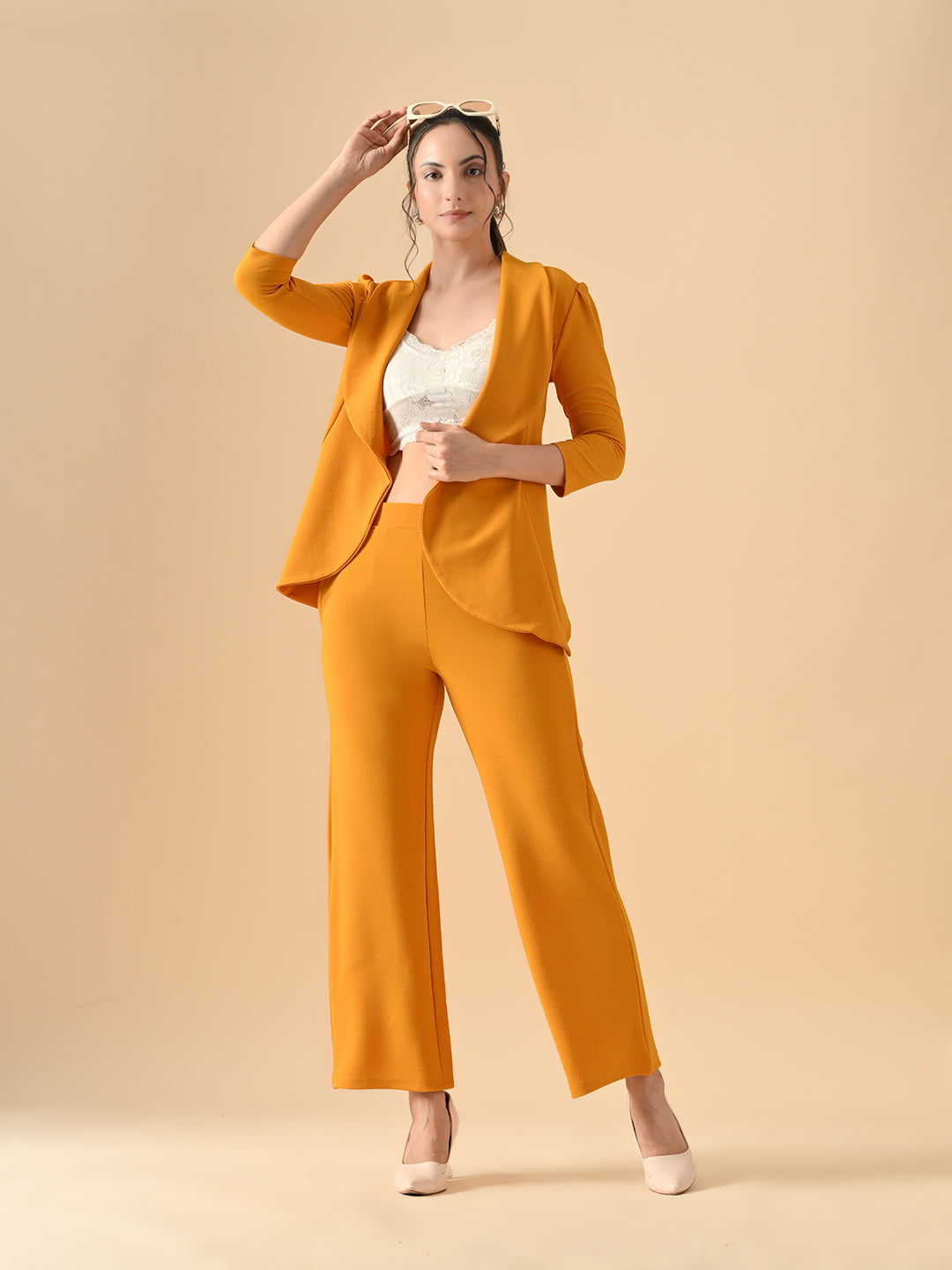 Women's Solid Relaxed Fit 3/4 Sleeve Co-ord Blazer and Trouser Set Mustred