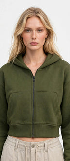Owl Mink Women's Cotton Fleece Cropped Hoodie | Solid Full Sleeve Hooded Sweatshirt with Front Zip Closure & Pockets | Casual Winter Wear