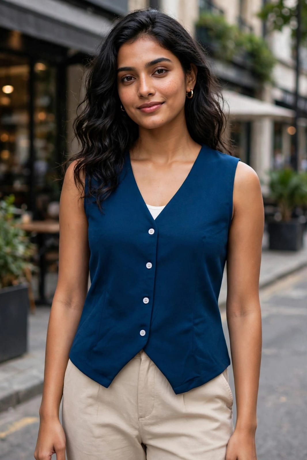 Owl Mink Women's Solid Sleeveless V-Neck Longline Waistcoat | Regular Fit Cotton Blend Woven Vest for Casual, Office Wear & Semi-Formal Occasions