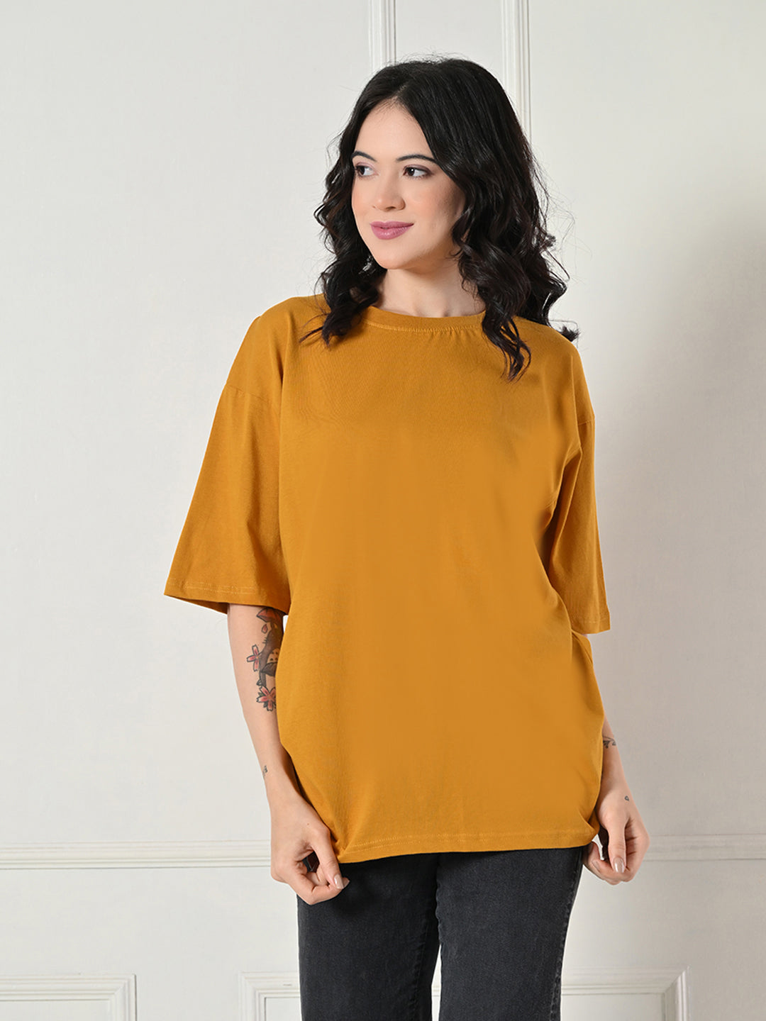 Women's Oversized Drop Shoulder Crop T-Shirt – 100% Cotton, Round Neck Half Sleeves Solid Top for Casual