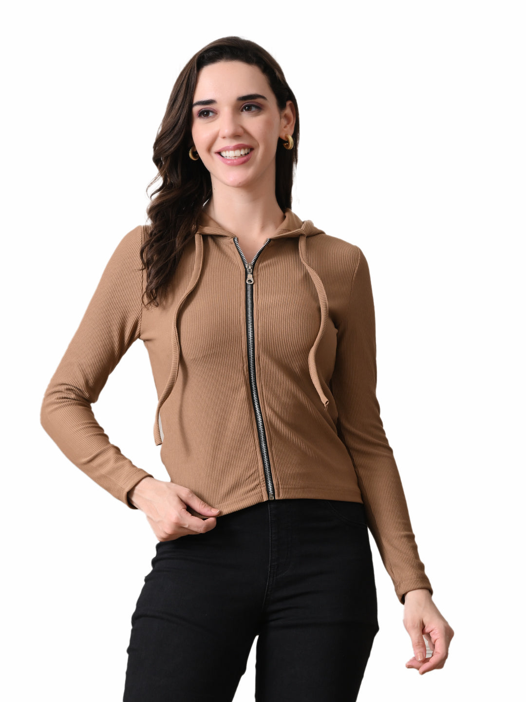 Cotton Full Sleeve Hoddie Women Solid Brown Hoodie Jacket