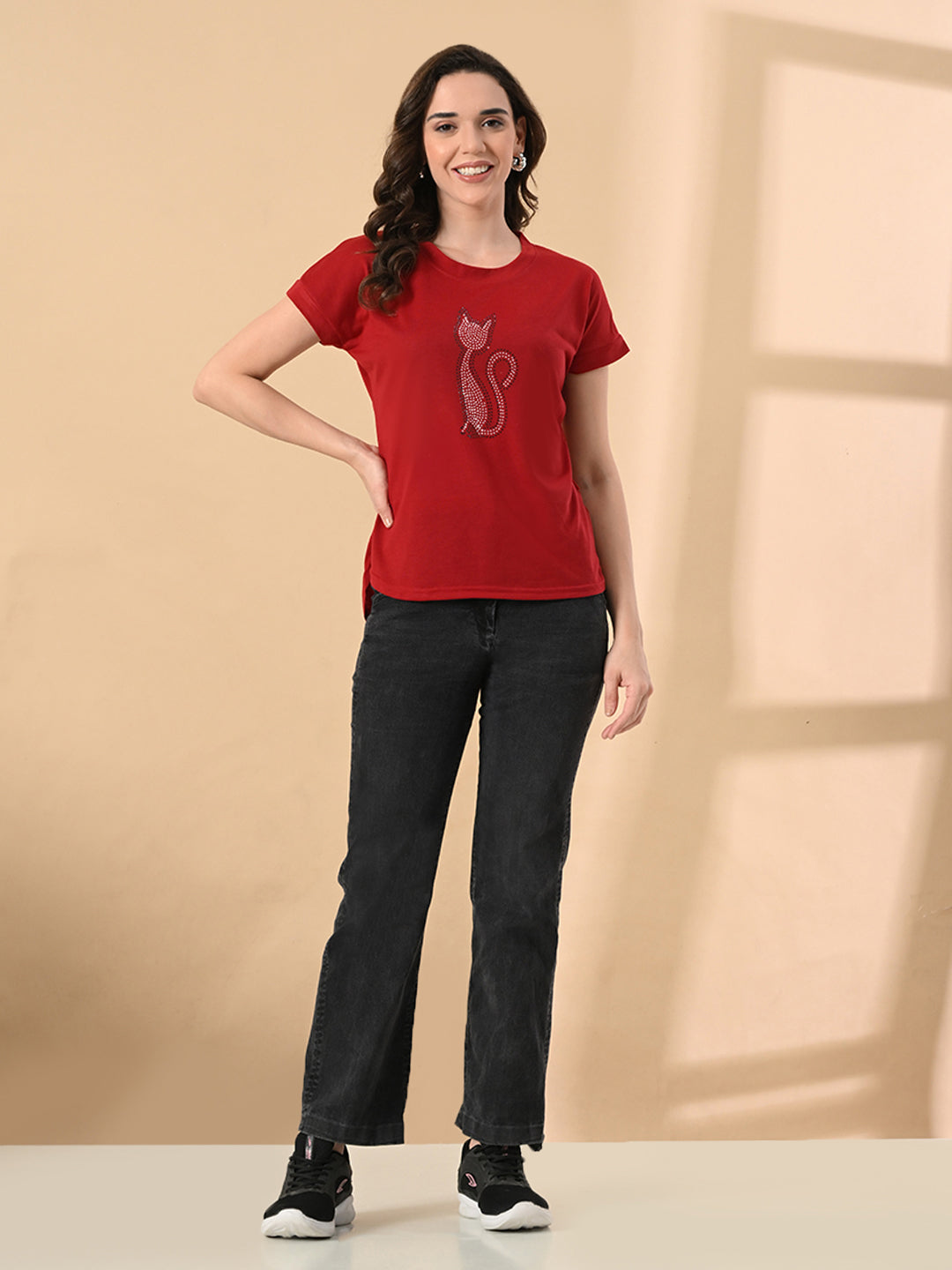 Women’s High-Low T-Shirt with Crystal Cat Print